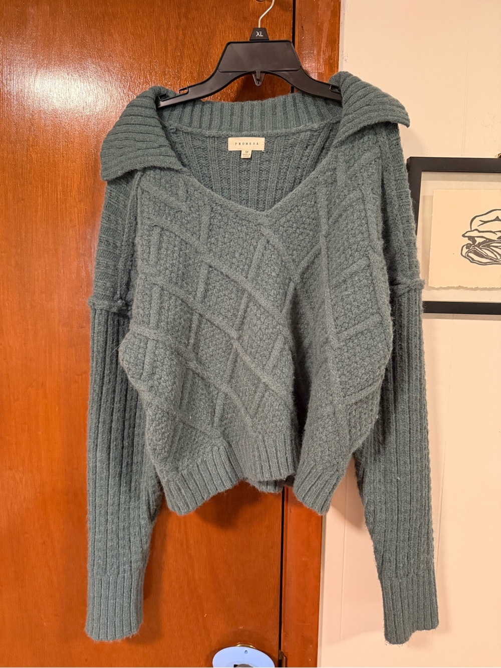 Proenza Green Textured V‑Neck Cable Knit Sweater